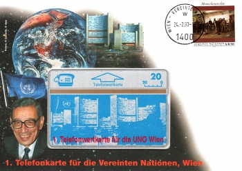Erste Telefonkarte fr die Vereinten Nationen im Telefonkartenbrief - Wien 1993
