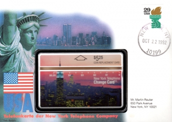 Erster Telefonkarten-Brief der USA - New York Telephone Company 1992