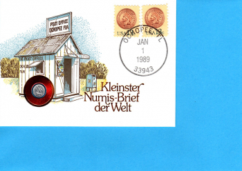 Kleinster Numisbrief der Welt - USA mit 5 Escudo M�nze 01.01.1989