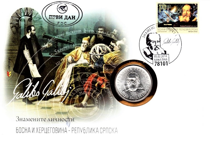 Galileo Galilei - Bosnien Herzegowina - FDC 05.02.2014 with coin