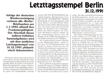 Letzttags-Stempel - Deutsche Post - Berlin 31.12.1991