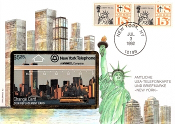 Amtliche USA-Telefonkarte und Briefmarke - New York 03.07.1992