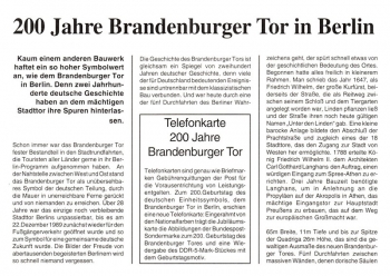 200 Jahre Brandenburger Tor - Telefonkarte - Berlin 10.08.1991