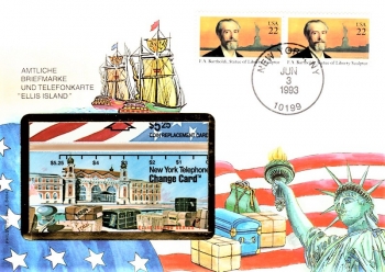 Amtliche Briefmarke und Telefonkarte - Ellis Island - New York 03.06.1993