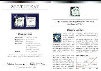 Die Blaue Mauritius 1847 - in reinem Silber (999/1000) mit Zertifikat